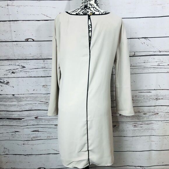 Marie Oliver Margaret Shift Dress Faux Leather Trim Long Sleeves Cement S - Picture 3 of 10
